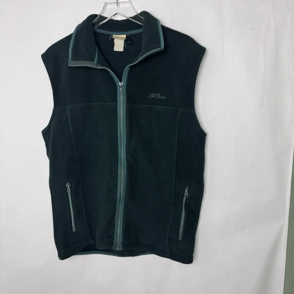 Vtg LL Bean Full Zip Fleece Vest Script Mens Medium USA Green No Size Tag